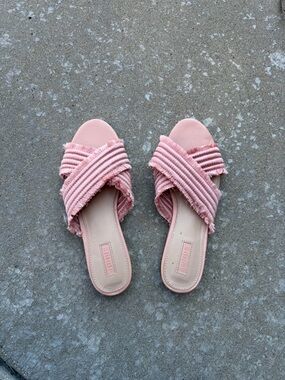 Forever 21 Pink Frayed Cross-Strap Slide Mules